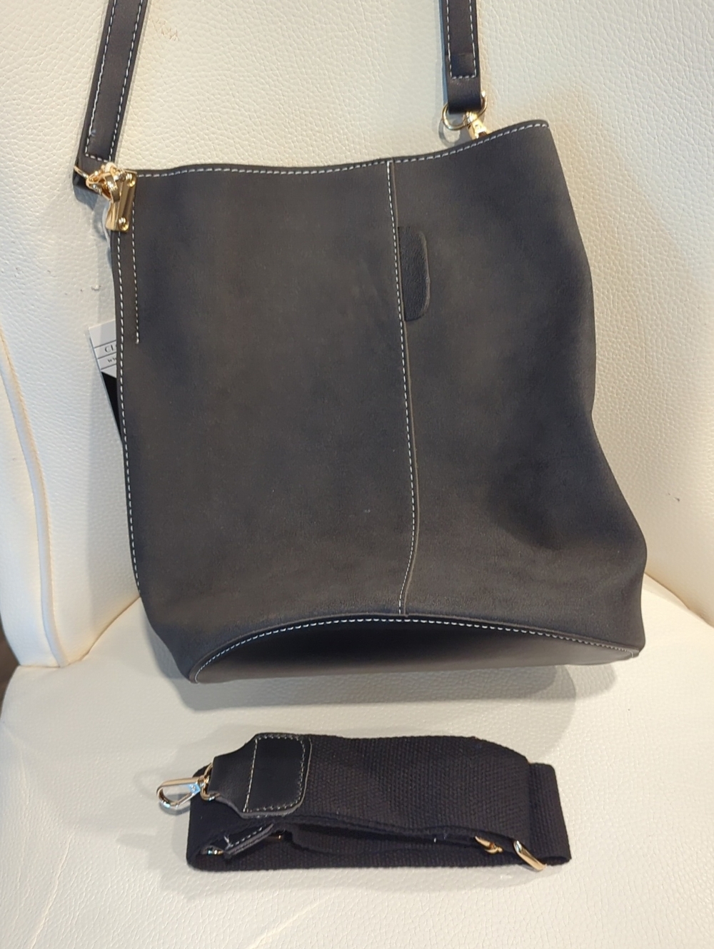 Suede Charcoal Gray Shoulder Bag with Contrast Stitching